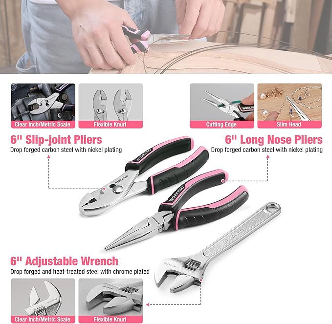 WORKPRO Pink Tool Set, 258 PCS Tool Kit for Women, Basic Household Tool Box with Hammer, Screwdriver Set, Portable Toolkit for Home Repair, New Apartment, House-Warming, DIY - Pink Ribbon
