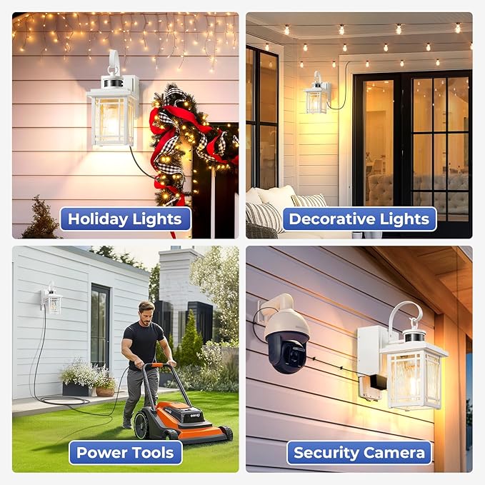 Outdoor Porch Light with GFCI Outlet, White Exterior Lighting Fixtures Wall Mount, Motion Sensor Outdoor Wall Sconce, Anti-Rust Coach Lights for Garage, Modern Patio Lantern Lights for House