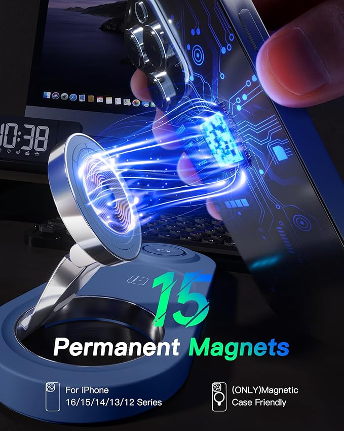 Upgraded 3 in 1 Wireless Charging Station for Apple Devices, Faster Mag-Safe Charger Stand, Magnetic Charger Station for iPhone 17/16/15/14/13/12 & AirPods Pro & Apple Watch Series (Sapphire Blue)