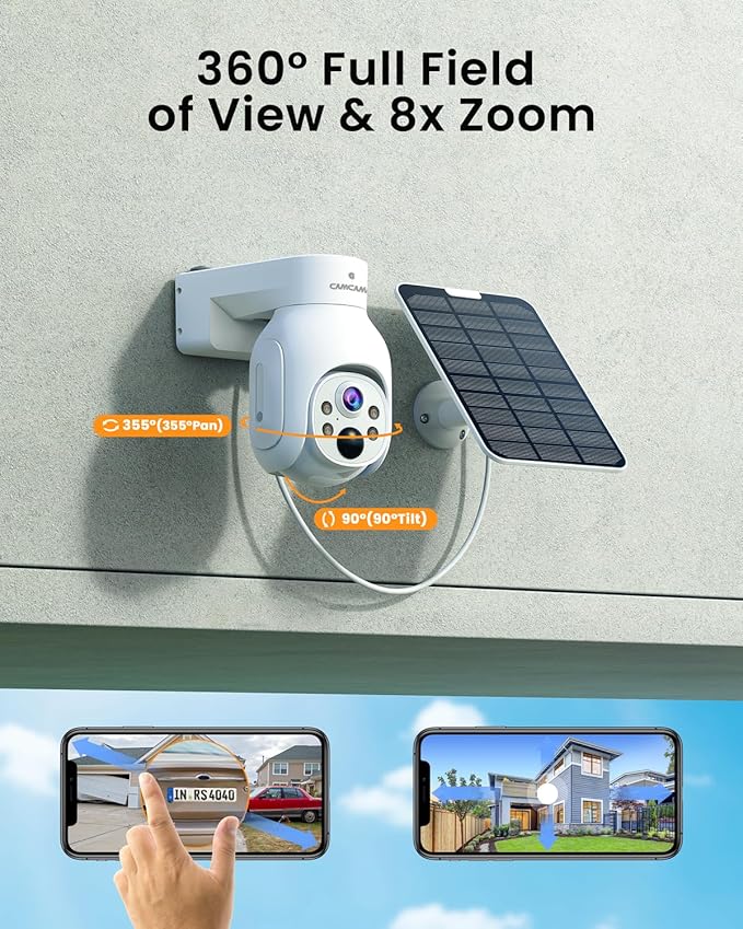 Camcamp Solar Security Cameras Outdoor Wireless, 4MP Security Camera System for Home, Solar-Powered 4 Cam-Kit, 2.4G & 5G WiFi, Color Night Vision, 360° Pan & Tilt, 10CH NVR 500GB HDD, No Subscription