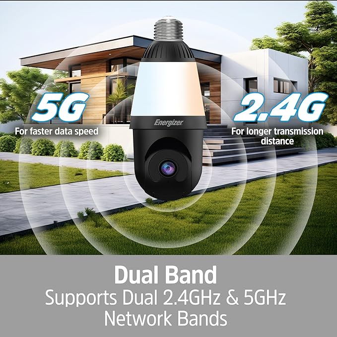 Energizer Smart 2K Light Bulb Security Camera, 1000 Lumens LED Light, 5GHz & 2.4GHz Wi-Fi Outdoor Socket Camera, Auto Tracking, Pan and Tilt, Night Vision, 2-Way Audio, Works with Google Home & Alexa