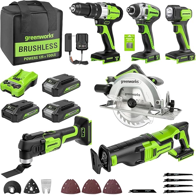 Greenworks 24V 6-pcs Combo Kit: 24V Hammer Drill, Impact Driver, Multi-Tool, Flashlight, Reciprocating Saw & Circular Saw, Includes 3 * 2.0Ah Batteries & (2) Chargers