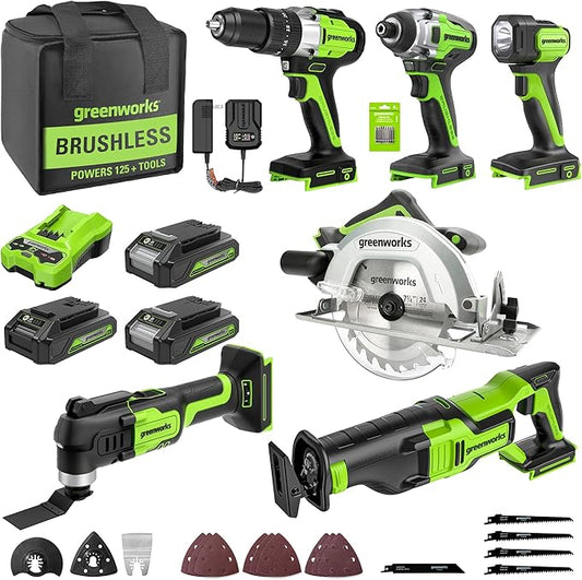Greenworks 24V 6-pcs Combo Kit: 24V Hammer Drill, Impact Driver, Multi-Tool, Flashlight, Reciprocating Saw & Circular Saw, Includes 3 * 2.0Ah Batteries & (2) Chargers