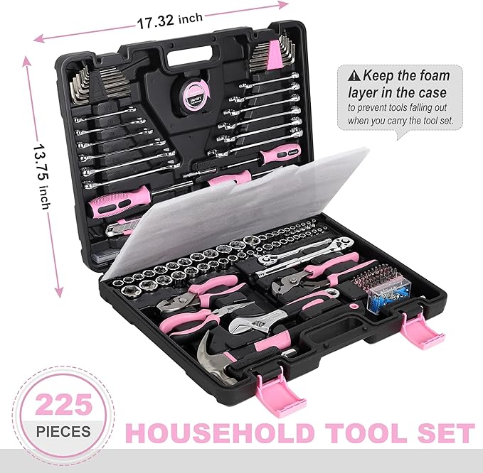 FASTPRO 225-Piece Pink Tool Set, SAE & Metric Mechanics Hand Tool Set with Toolbox, Home/Auto Repairing Tool Kit for DIY, Home Maintenance and Car Repairing