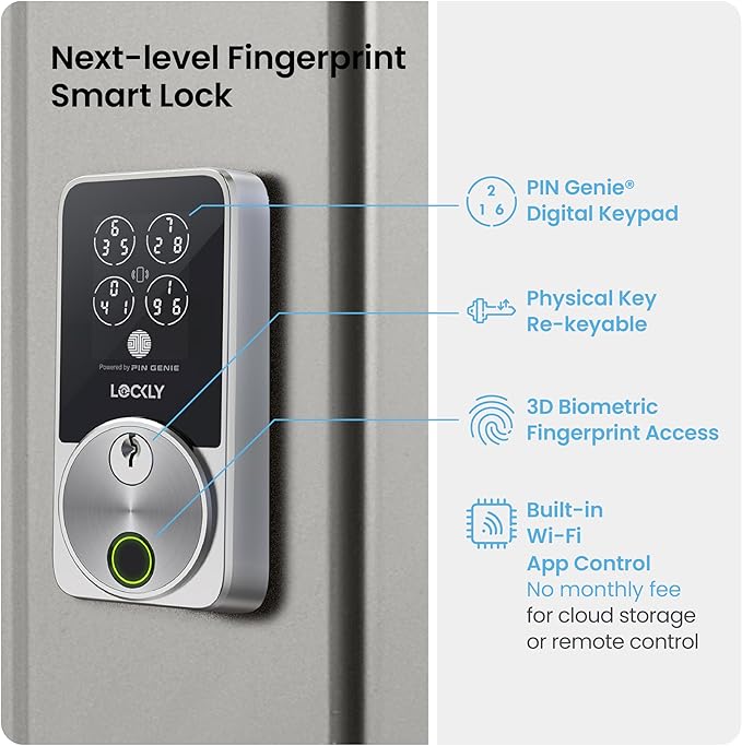 Lockly Secure Pro Zeno Series Smart Door Lock,Fingerprint Keyless Entry Door Lock for Front Door with Apple Home Key,Built-in Wi-Fi,Auto Lock, App Remote Control,IP65 Waterproof,Easy Installation