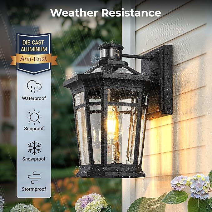 VIANIS Large Black Motion Sensor Outdoor Lights, Adjustable Sensing Range Exterior Lighting Fixtures, Aluminum Dusk to Dawn Outdoor Lighting Waterproof, Porch Lights Wall Mount for Garden,Front Door