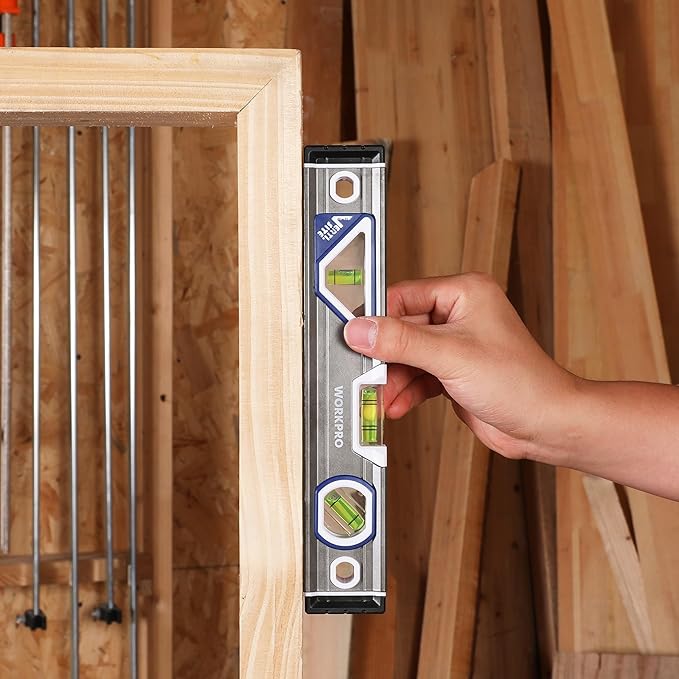 WORKPRO 10 Inch Torpedo Level, Small leveler tool with 3 Different Bubbles 45°/90°/180°, bubble level With Shock Absorbing End Caps, V-Groove for Conduit Bending, Silver/White/Blue