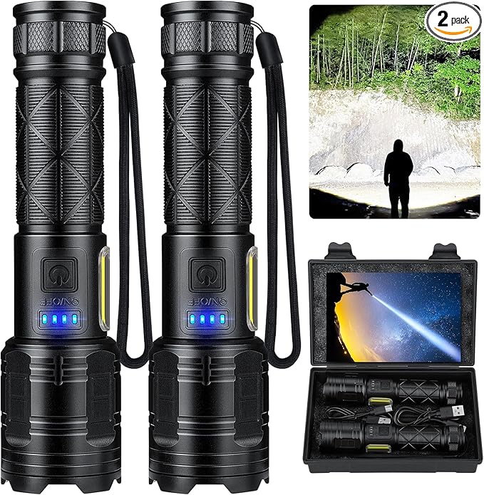 Cinlinso Rechargeable LED Flashlights 90000 High Lumens 2 Pack, Super Bright Flash Light with 7 Modes, IPX7 Waterproof, Powered Handheld Flashlight for Home Camping Emergencies