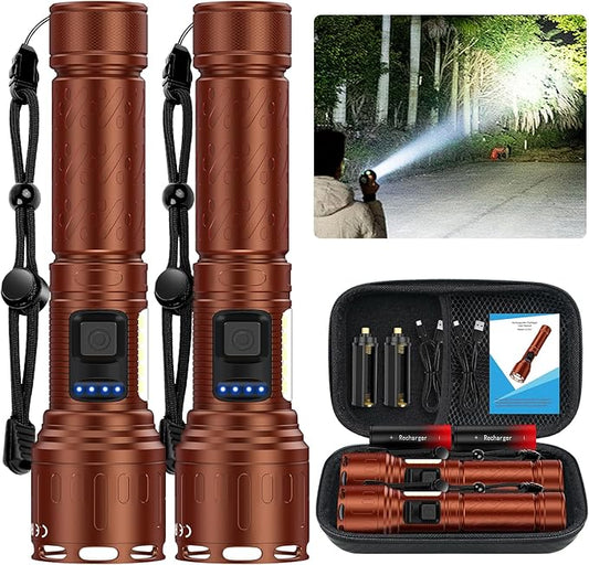 Rechargeable Magnetic Flashlights High Lumens, Super Bright LED Powerful Flashlight 8 Modes with COB Work Light, Waterproof Handheld Flash Light for Camping (2 Pack with Leather Box, Brown)