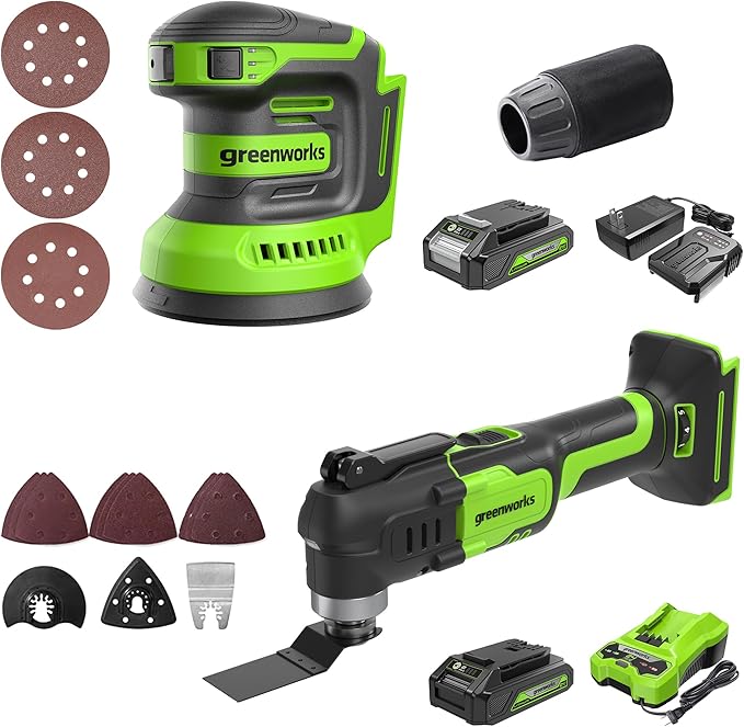 Greenworks 24V Brushless 2-Tool Combo Kit,Cordless Oscillating Multi Tool+Orbital Sander Power Tool Sets Including Battery