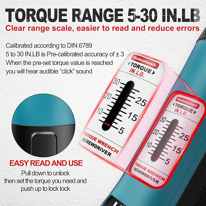 1/4 Inch Drive Torque Screwdriver Wrench Set, 5-30 in.-lb., 31Pcs Torque Wrench Bits Set