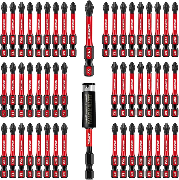 51Pack PH2 2 Inches Impact Tough Anti-Slip Screwdriver Bits, #2 Phillips 1/4 Inch Hex Shank Magnetic Tips Cross Screwdriver Bits Set with 1Pcs Impact Bit Holder,Bulk