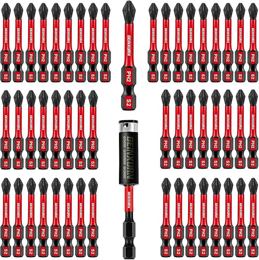 51Pack PH2 2 Inches Impact Tough Anti-Slip Screwdriver Bits, #2 Phillips 1/4 Inch Hex Shank Magnetic Tips Cross Screwdriver Bits Set with 1Pcs Impact Bit Holder,Bulk