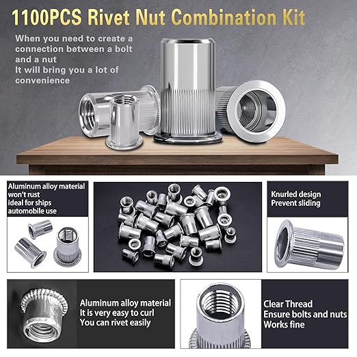 Rivet Nuts 1100 PCS, Metric Insert Rivet Nut Combination Kit, Aluminum Flat Head Thread Insert Rivet Nuts, Suitable for Automotive, Furniture Decoration, Sheet Metal Assembly and Industrial Products