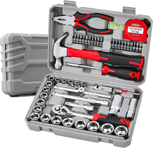 Hi-Spec 52pc Home Garage Mechanics DIY Tool Kit Set. Metric Sockets, Ratchet Wrench, Screwdriver Bit Set, Pliers and Spark Plug Accessories in a Portable Toolbox Case