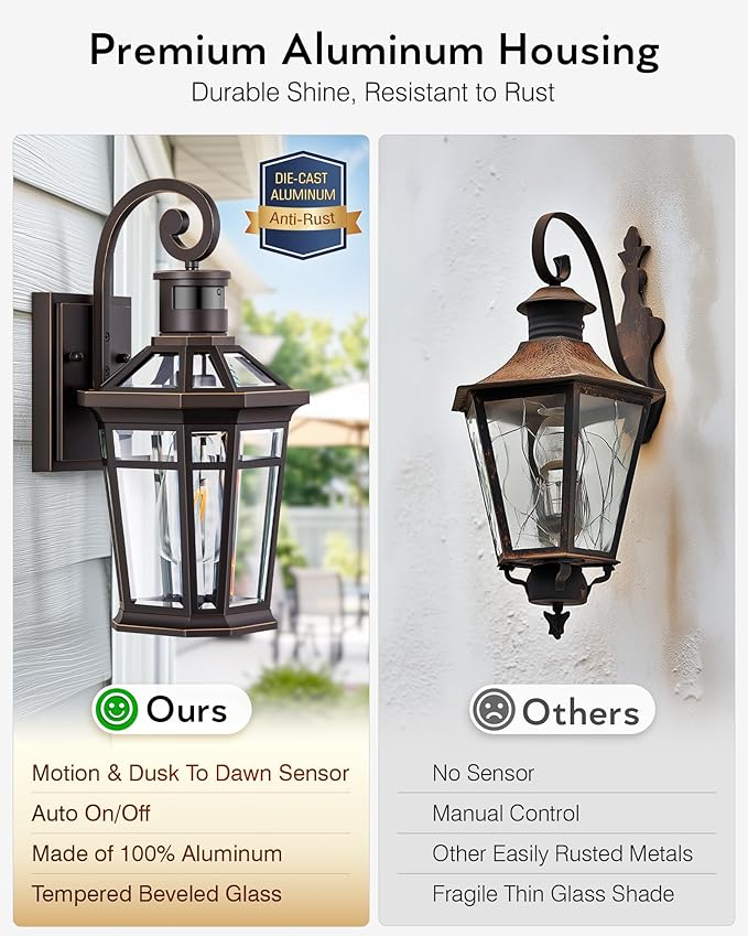 Motion Sensor Porch Lights Outdoor Wall Mount, Oil Rubbed Bronze Exterior Wall Sconce Lantern with E26 Socket, Waterproof Dusk to Dawn Outdoor Lighting Fixtures, Coach Lights for Garage, Patio