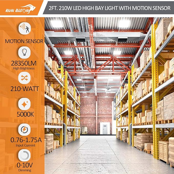 2FT LED Linear High Bay Shop Light with Motion Sensor, 210W High Bay Work Light Fixture, 28350LM, 120-277V, 5000K Daylight Linear Hanging Lighting for Garage, Warehouse, UL&DLC Listed - 2PK