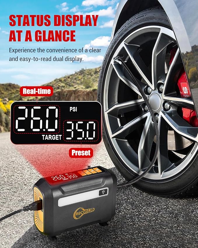 R8 Tire Inflator Portable Air Compressor, DC 12V Portable Air Compressor with Large Dual Digital Screen, 3X Faster Inflation Portable Air Pump for Car Tires, Bike, Motor - Car Accessories