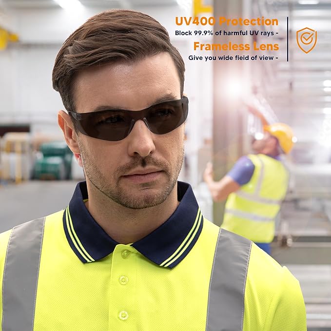 Tinted Safety Glasses 24pk, Safety Sunglasses Bulk UV Protection ANSI Z87.1, Protective Eyewear Scratch Impact Resistant Safety Goggles for Men Women Work Construction Lab Smoke Grey& Blue Frame