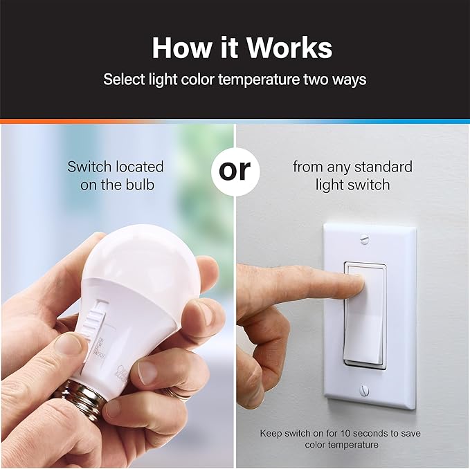 Feit Electric A19 LED Light Bulb, 60W Equivalent, Dimmable, Color Selectable 6-Way, 5CCT, E26 Medium Base, 90 CRI, 800 Lumens, 22-Year Lifetime, Damp Rated Lightbulb OM60DM/6WYCA/2, 2 Bulbs