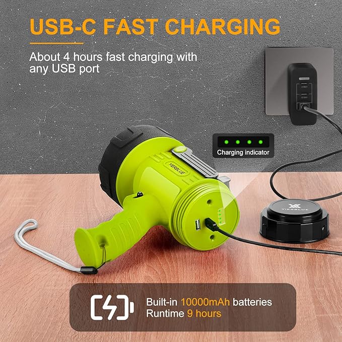 YIERBLUE Rechargeable Spotlight Flashlight with Super High High Lumen LED, IP67 Waterproof Long Running Spot Light searchlight, Impact Resistant Handheld Spotlight with Foldable Stand and Red Lens