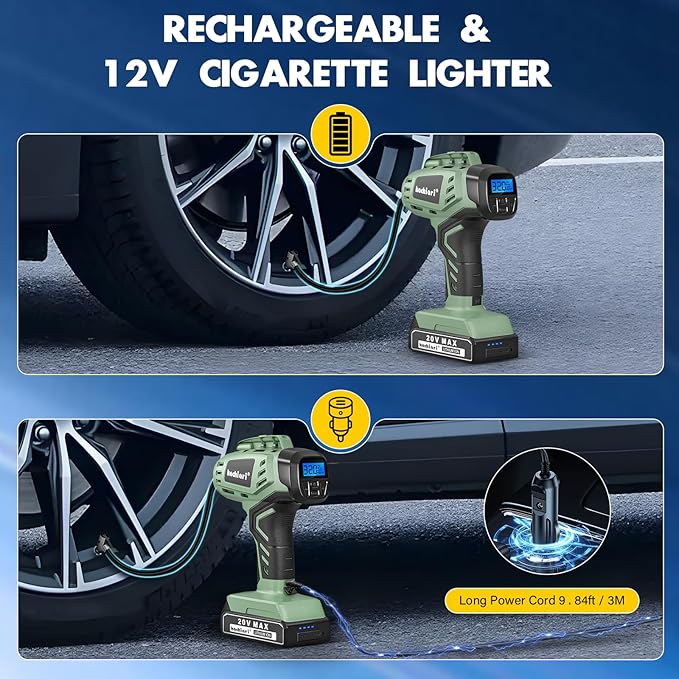 Tire Inflator Portable Air Compressor, 20V Cordless Car Tire Pump, Rechargeable Battery Powered Air Compressor w/12V DC Adapter Green