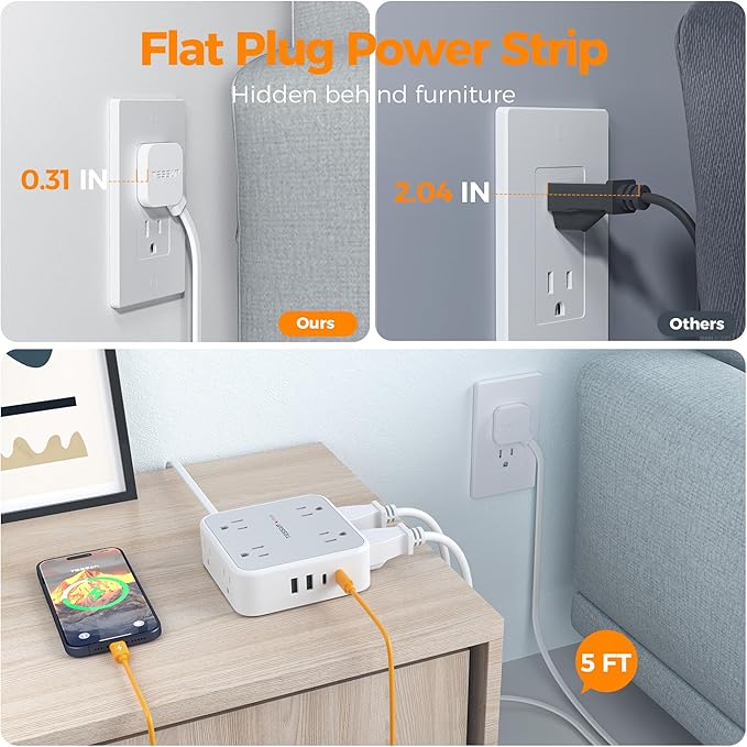 TESSAN Surge Protector Power Strip, 5 FT Extension Cord with Multiple Outlets Flat Plug, 4 USB (2 USB C) and 8 AC Outlets, 900 Joules Protection, Wall Mount Charging Station for Home, Office, Dorm