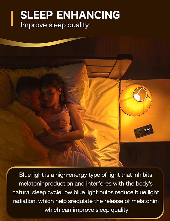 Amber Sleep Light Bulbs, Blue Light Blocking, 9W (60W Equivalent), 1800K A19 E26 Warm White Dim Light Bulb for Bedroom, Nursery, Relaxation –Eye Comfort, Better Sleep