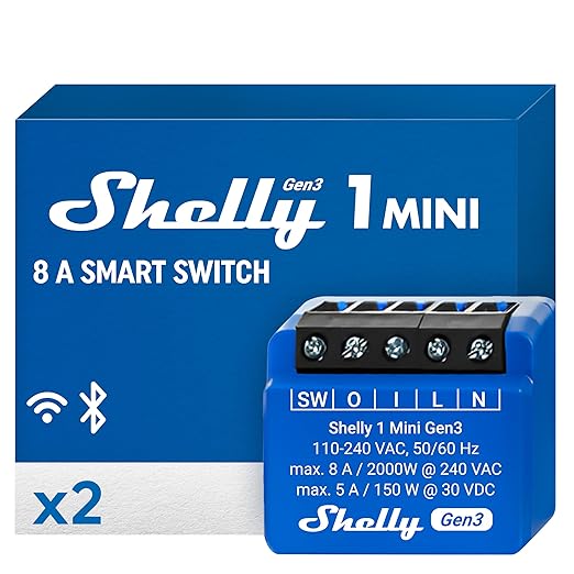 Shelly 1 Mini Gen3 | WiFi Smart Switch Relay 1 Channel 8A | Home Automation | Bluetooth Gateway | Compatible with Alexa & Google Home | iOS Android App | No Hub Required | Dry Contacts (2 Pack)