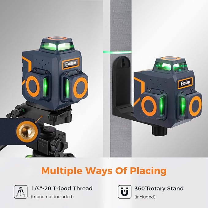 CIGMAN Laser Level 360 Self leveling, Rechargeable 3X360° Laser Level for Picture Hanging, Construction Laser, Remote Control & Magnetic Bracket,100FT Working Distance