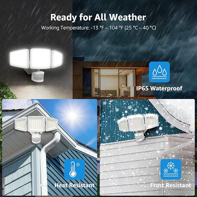 Lepro LED Security Lights, Outdoor Motion Sensor Light, Flood Lights with 3 Adjustable Heads, 270° Wide Lighting Angle, 27W 3200LM Super Bright, IP65 Waterproof for Yard Porch Garage, White