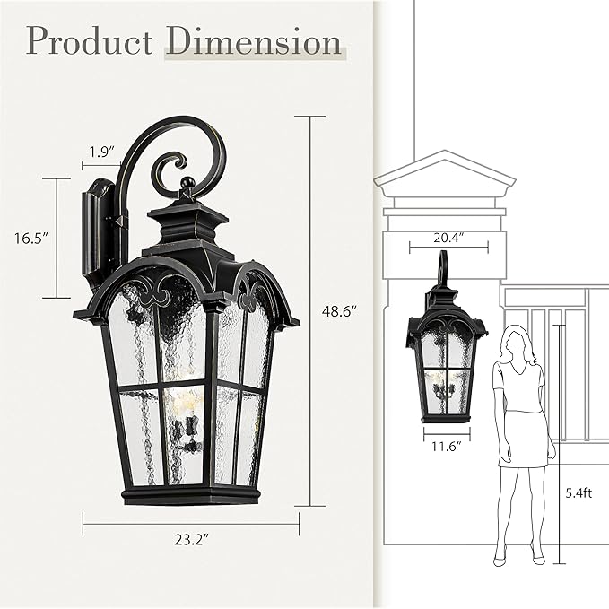 Emliviar 48 Inch Vintage Outdoor Light Wall Mount, 3-Light Extra Large Exterior Light Fixture for Porch with Water Glass Shade, Black Finish with Gold Edges, WE215B-XB BG