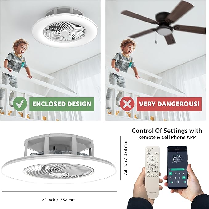 Bladeless Ceiling Fan with Light and Remote Control 22" Low Profile Ceiling Fan Modern Enclosed Multi-Speed Indoor Ceiling Fan 3 Color Temperatures Smart LED.