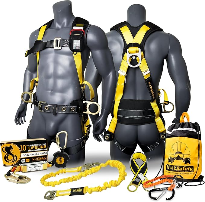KwikSafety - TYPHOON Safety Harness [3 D-RINGS + BACK SUPPORT] Safety Harness Fall Protection Kit, 2025 ANSI Compliant