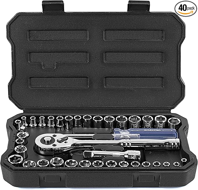 WORKPRO 39-Piece Drive Socket Set 1/4''3/8'', CR-V Metric and Imperial Sockets with Quick-Release Ratchet Wrench, Compact Sockets Set for Car Repair