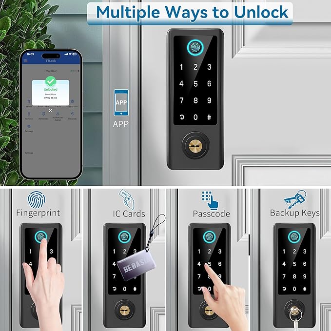 BEBASIA Smart Fingerprint Door Lock with Handle Set, Full App Control, Electronic Digital Touchscreen Keypad, Deadbolt Smart Locks for Front Door, Auto Lock, Black
