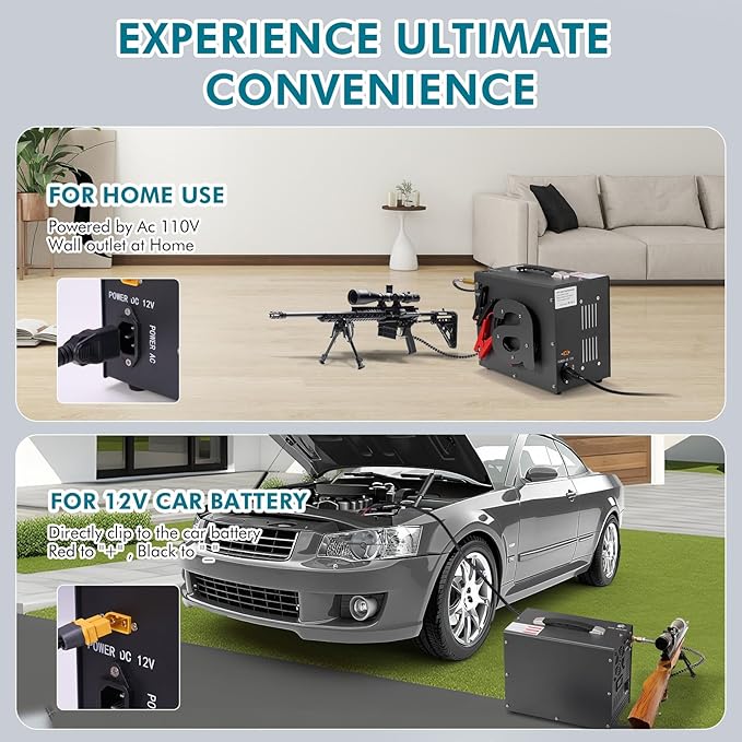 PCP Air Compressor with Manual Shut Down, 4500Psi/30Mpa, Water/Oil-Free, Powered by 12V DC/120V AC, Fan Cooling System, PCP Compressor for Air Rifle, Paintball and Scuba Tank Compressor Pump (Gray)