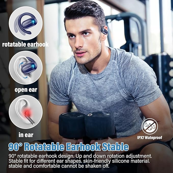 Open Ear Headphones, Wireless Bluetooth 5.4 Earbuds with Big Earhooks, Ultra-Comfort Open Ear Earbuds, 58 Hours HD Stereo Sound Over Ear Earphones, IP7 Waterproof Headset for Workouts, Blue