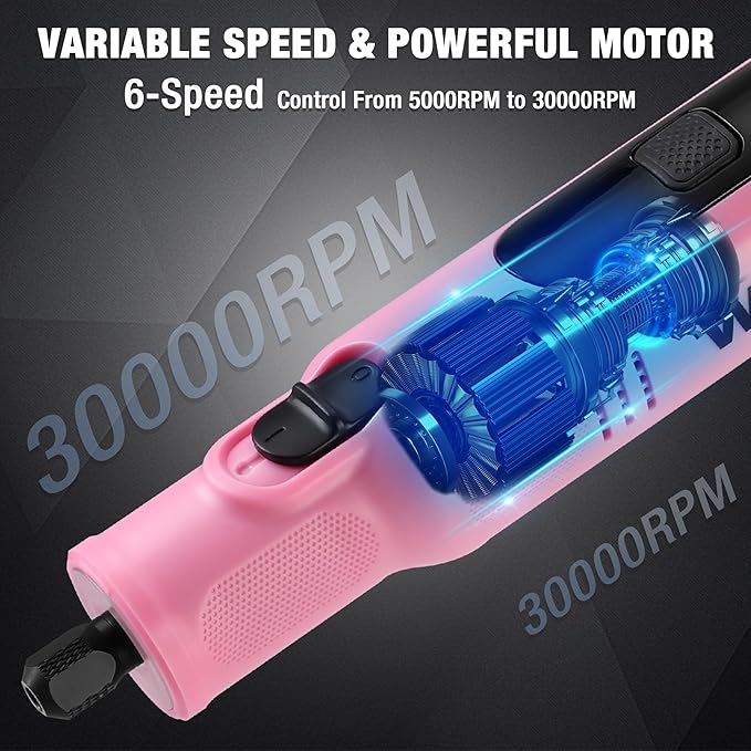 WORKPRO Cordless Rotary Tool, 8V Rotary Tool Kit with 117 Accessories, 6 Variable Speed, Type-C Charging, LED Work Light, Power Rotary Tool for Sanding, Polishing, Engraving, Cutting, DIY, Pink Ribbon