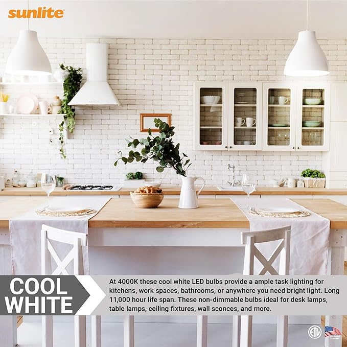 Sunlite 80862-SU LED A19 Light Bulb, Non-Dimmable 12 Watt (75W Equivalent), 1100 Lumens, Medium (E26) Base, ETL Listed, 4000K Cool White, 3 Count