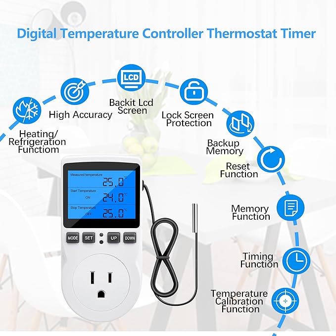Diymore Digital Thermostat Temperature Controller Electric Digital RV Thermostat Heating Cooling Control Mode Timer 1800W 120V 15A Incubator Thermometer Reptile Thermostat Greenhouse Pool Thermometer