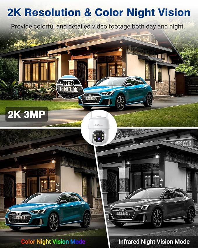 Septekon 360°PTZ Security Cameras Wireless Outdoor 2 Pack, 2K Solar Battery Powered Cameras, 2.4G WiFi Camera with Spotlight, Motion Detection, Siren, Color Night Vision, IP66, White