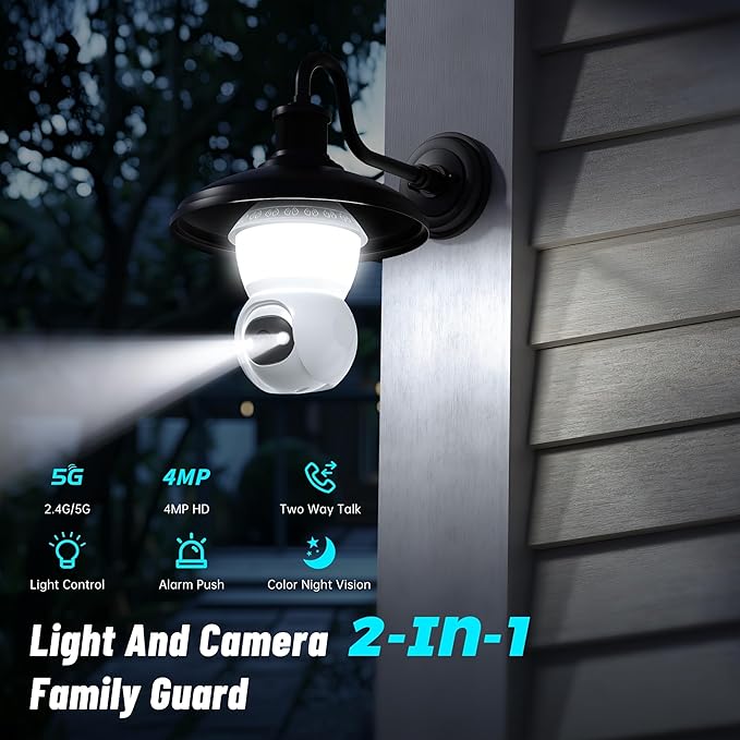 Light Bulb Security Camera,5G& 2.4G WiFi Security Cameras Wireless Outdoor,3MP& 360° PTZ Light Bulb Camera Outdoor, Night Vision, AI Human Detection&Alarm, 2-Way Audio, Cloud Storage