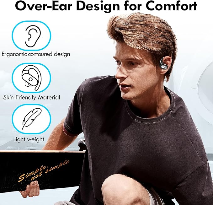 kurdene Wireless Earbuds Bluetooth Headphones Sport,Over Ear Buds with Deep Bass Sound,60Hrs Playtime Earphones Redesigned Comfort Fit with Earhooks for Running,Meeting,Workout-Black