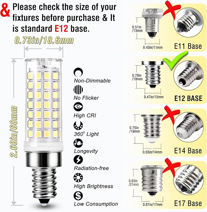 ALIDE E12 75 Watt Replacement LED Candelabra Bulbs C7,6000K Daylight Bright Cool White,800LM T6 7.5W LED E12 Chandelier Light Bulbs for Ceiling Fan Pendant Lighting,Non-dimmable,6 Pack