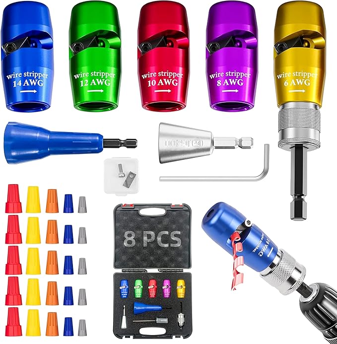 Wire Stripper for Drill, Wire Twister Tool for Drill, 14-12-10-8-6 Gauge drill wire stripper, wire twister, 8 In 1 Professional Electrician Wire Nut Twister for drill Stripping and Twisting Tool, 8pcs