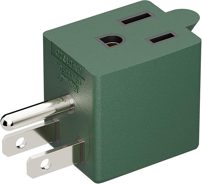 90 Degree Adapter Downward Angle USA 3-Prong Male-Female Adapter,90 Degree Angled USA Male Female Power Adapter, 5-15P to 5-15R Direction Changer Space Save Adapter Green PA-0170DG