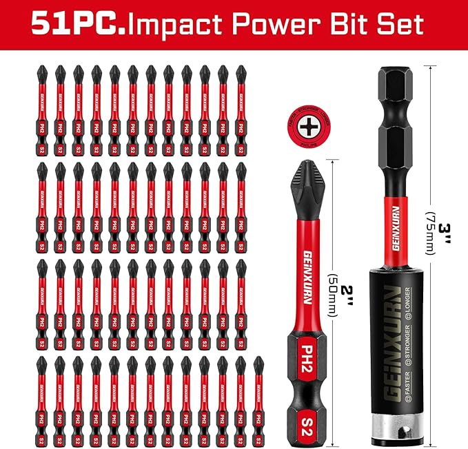 51Pack PH2 2 Inches Impact Tough Anti-Slip Screwdriver Bits, #2 Phillips 1/4 Inch Hex Shank Magnetic Tips Cross Screwdriver Bits Set with 1Pcs Impact Bit Holder,Bulk