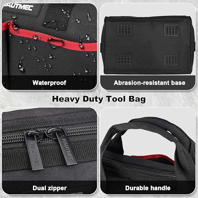 HAUTMEC 3 Piece Large Tool Bag Set, Heavy Duty 1680D Wide Mouth Tool Bags with Padded Shoulder Strap, Non-Slip Base, Double Zipper & Organiser Pockets – 12”, 18”, 24” Sizes – HT0297