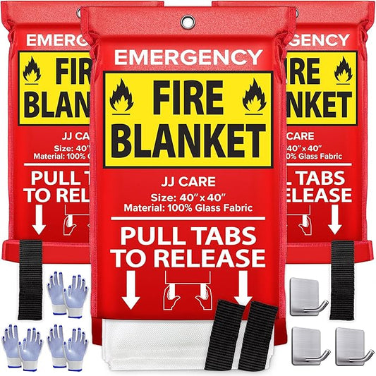 JJ CARE Fire Blanket – 3 Packs with Hooks and Gloves – Emergency Fire Blanket for Home & Kitchen, High Heat Resistant Fire Suppression Blankets for Home Safety, Kitchen, and Camping